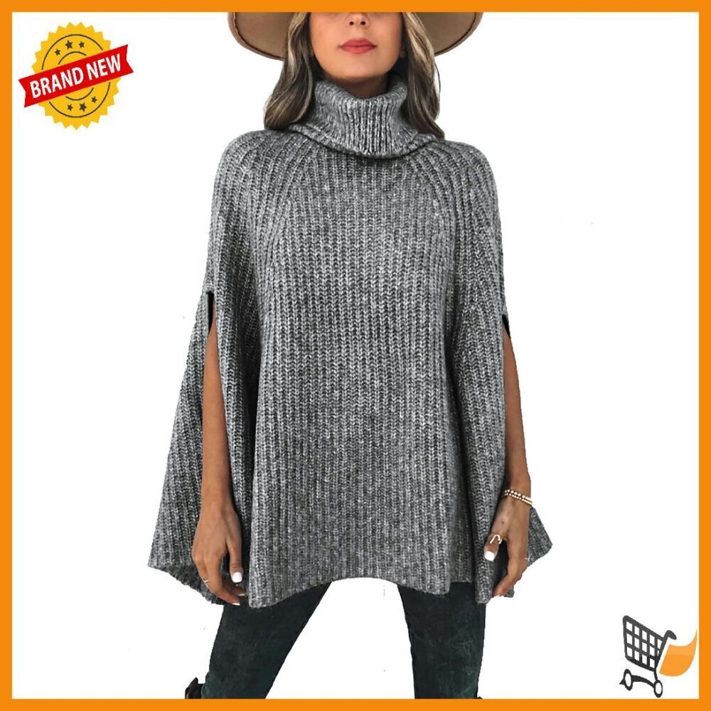 Chunky Knit Turtleneck Poncho Sweater Wrap Cape Pullover
